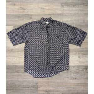 VTG Cote de France Silk Button Up Blue Pattern Shirt Men's L Short Sleeve Pocket